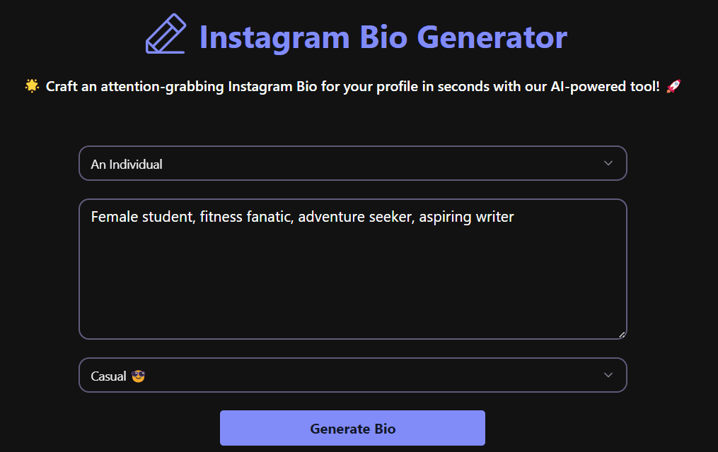 Example input for the AI Instagram Bio Generator tool