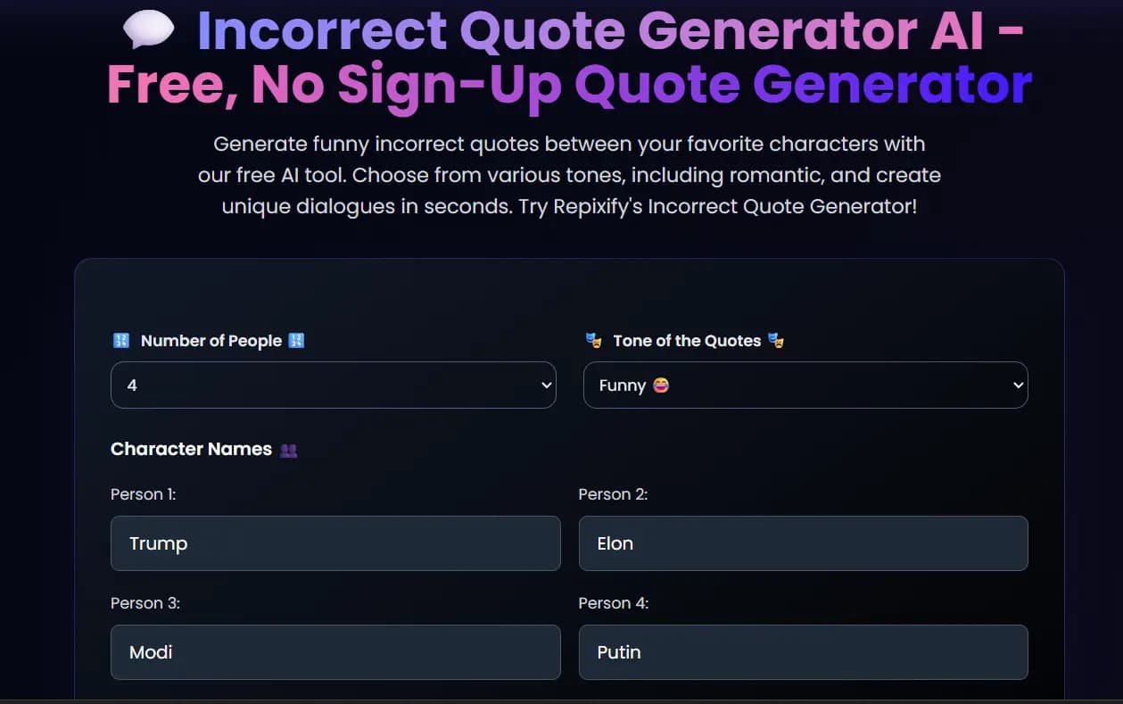 An example of funny incorrect quotes created with the AI character quote generator, showing a dialogue between Harry, Hermione, and Ron.