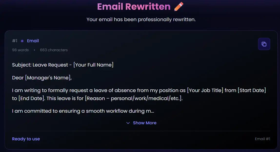 AI Professional Email Rewriter Example