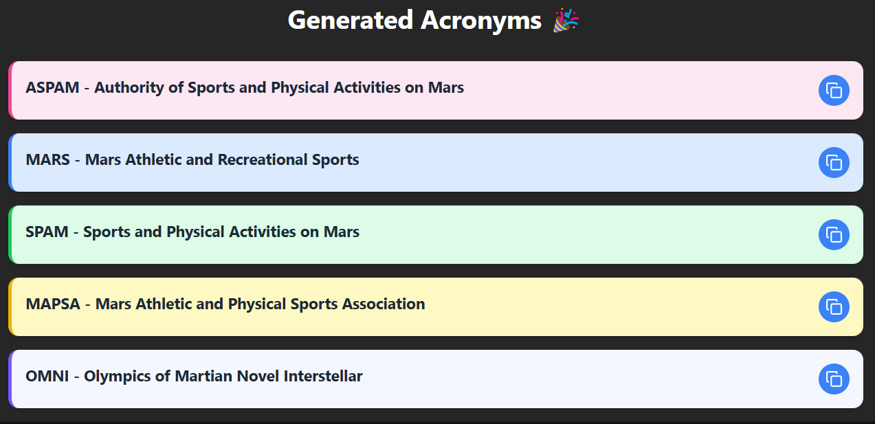 Acronym generator output: 5 acronyms for Authority of Sports and Physical Activities on Mars with their full forms